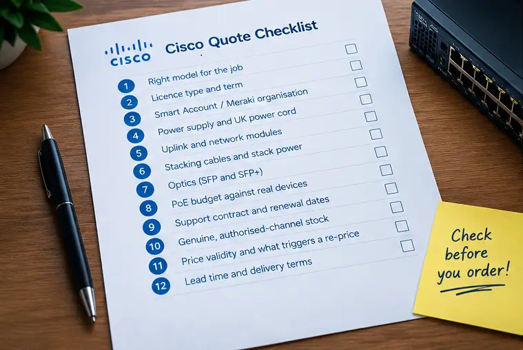Cisco quote with missing licence, power cords adn optics highlighted